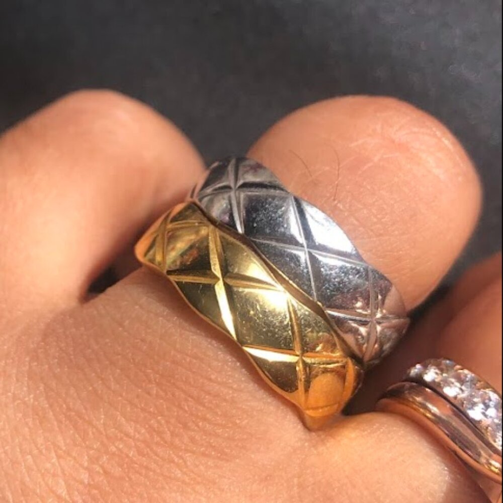 2 pc quilted gold silver stainless steel rings size 6